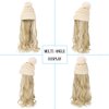 Qlenkay Beanie Hat with Long Wavy Curly Hair Extensions Knit Khaki Cap Attached 20inch Synthetic Wig Detachable Hairpiece Warm Pom for Women Winter Ash Blonde Mix Bleach Blonde