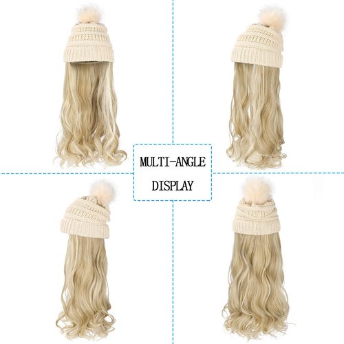 Qlenkay Beanie Hat with Long Wavy Curly Hair Extensions Knit Khaki Cap Attached 20inch Synthetic Wig Detachable Hairpiece Warm Pom for Women Winter Ash Blonde Mix Bleach Blonde
