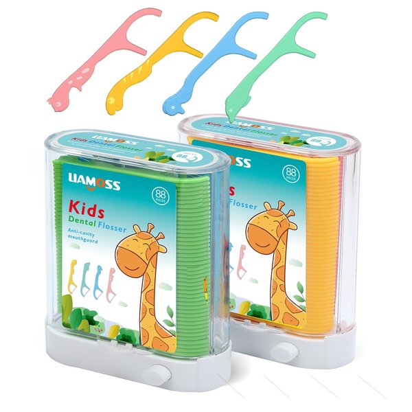 Kids Dental Floss Picks Dispenser-2 Box 176 Count LIAMOSS Professiona No Fluoride Dental Flossers-Automatic Pop-Up Make Flossing Fun-Preventing Tooth Decay-Best Dental Care