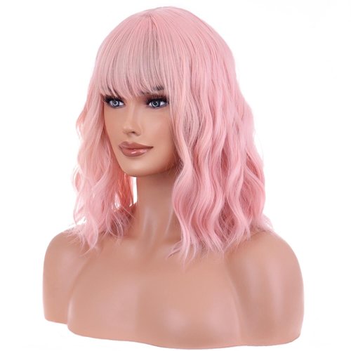 iChicHair 14 Inch Pink Bob Wigs with Bangs for Women Short Curly Wavy Pink Wigs Synthetic Colorful Pastel Wigs for Cosplay Party Daily Use (Lovely Pink)