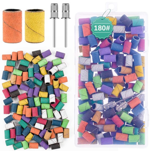 Difenni 100Pcs Nail Sanding Bands Sanding Bands for Nail Drill #180 Grit Sanding Bands and 3/32" Nail Drill Bits Mandrel for Acrylic Nails Nail Polishing Accessories and Manicure Tools（Color）