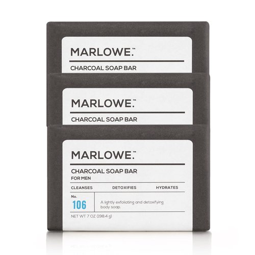 MARLOWE. No. 106 Charcoal Soap 7 oz (3 Bars) Body Bar Soap for Men, Cleansing, Purifying & Hydrating with Natural Extracts, Shea Butter, Olive Oil & Green Tea Extracts, Fresh Woodsy Scent