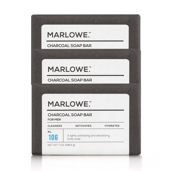 MARLOWE. No. 106 Charcoal Soap 7 oz (3 Bars) Body Bar Soap for Men, Cleansing, Purifying & Hydrating with Natural Extracts, Shea Butter, Olive Oil & Green Tea Extracts, Fresh Woodsy Scent
