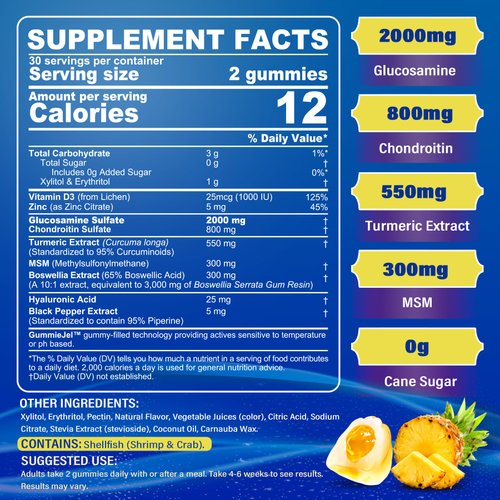 Sugar Free Glucosamine Chondroitin MSM Filled Gummies 3100mg -Joint Support Supplement - Plus Turmeric, Boswellia, Hyaluronic Acid & Vitamin D3, Mobility, Comfort, Flexibility & Bone Support, 60Cts