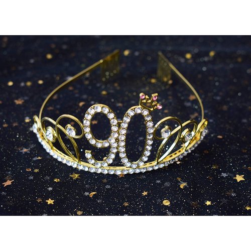 Dgasin 90th Birthday Tiara and Sash Happy 90th Birthday Party Supplies Decorations 90 Fabulous Glitter Sash and Gold Crystal Crown for Women