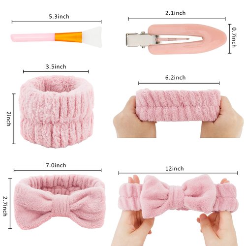 Semato 14 Piece Spa Headband for Washing Face with Wristband and Hair Clips Face Mask Brush Sleepover Party Supplies for Girls Towel Headband (White, khaki, Pink)