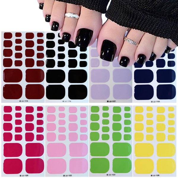 8 Sheets Solid Color Gel Nail Stickers Blue Purple Black Toe Nail Polish Strips Red Pink Green Toenail Stickers Full Nail Wraps Self-Adhesive Yellow Nail Decals Rose Red Nail Supplies for Women Girls