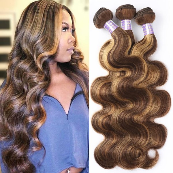 Allove Ombre Highlight Brazilian Hair Bundles Body Wave Human Hair Bundles, 3 Bundles 10a 100% Virgin Human Hair Extensions Bundles Piano Color 4/27 (22 24 26inch)