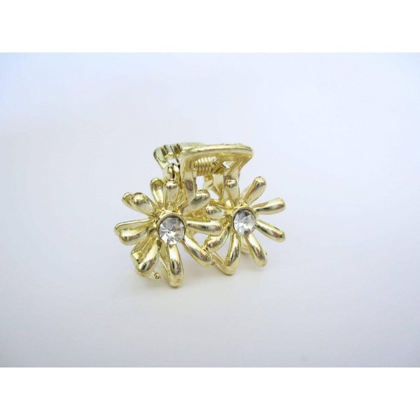 Small shiny gold metal double flower hair claw clip with crystals