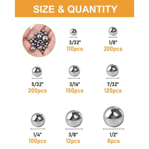 VIGRUE 900 Piece 8 Sizes Assorted Loose Bicycle Bearing Balls Assortment Kit 5/32" 1/8" 3/16" 7/32" 3/32” 1/4" 3/8” and 1/2"
