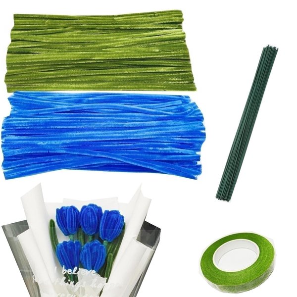 200pcs Pipe Cleaners Craft Supplies, DIY Tulip Bouquet Making Kit, Chenille Stems Flower Craft Kit Fuzzy Sticks Crafting Materials Bendable Wire Bulk for Art Classroom Mother’s Day Gift (Dark-Blue)