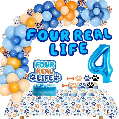 Blue Dog 4th Birthday Decorations Boy,Blue Four Real Life 4 Year Birthday Boy,Blue Dog Birthday Party Supplies