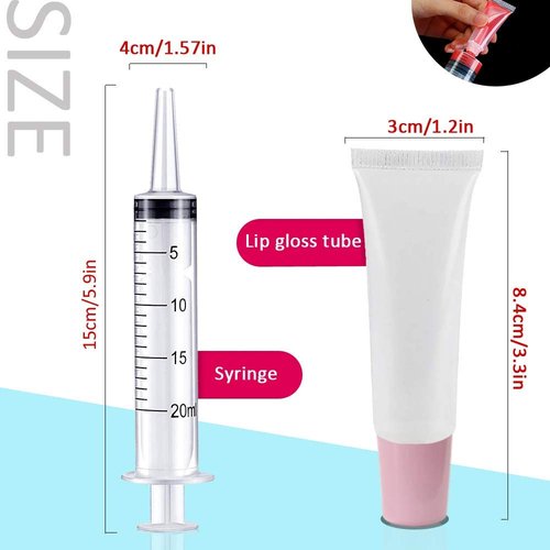 AMORIX 50PCS Lip Gloss Tubes Empty 10ml Pink Cap Lip Gloss Containers Lip Balm Tubes Cute Squeeze Tubes Lipgloss Making Supplies + 2 x 20ml Syringes Tag Labels for Lip Gloss Base