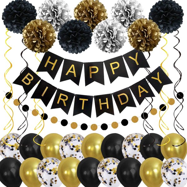 Gold Black Birthday Balloons Decorations Women Men Birthday Party Supplies Including Pom Poms Flowers Happy Birthday Banner Dots Garland Hanging Swirls and Balloons Confetti