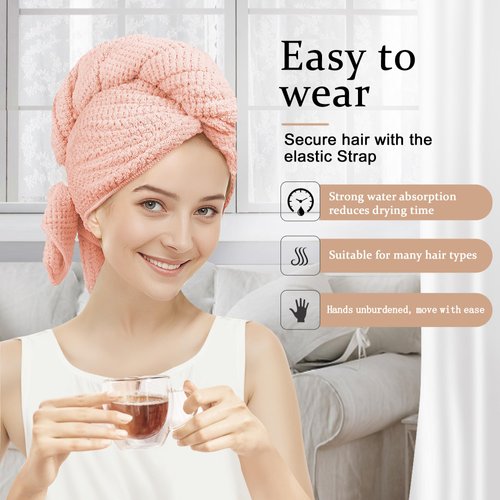 Luckzong Microfiber Hair Towel Wrap for Women/Men,Hair Wrap Towels for Curly Hair,Hair Turban Towel with Elastic Band,Head Towel for Wet/Long/Thick Hair,Hair Plopping Towel Curly (Pink)