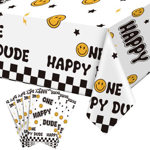Newwiee 6 Pcs One Happy Dude Birthday Party Tablecloths 51 x 108 Inch One Happy Dude Table Cover Smile Face Plastic Table Cloths One Happy Dude Party Decor 1st Birthday Baby Shower Supplies