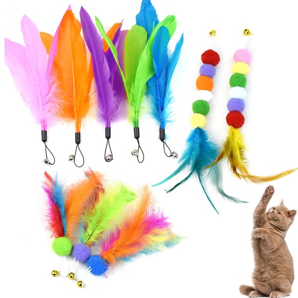 Rexnoz 10 Pcs Interactive Cat Feather Toys Refills, Colorful cat Wand Toy Attachments with Bell for Indoor Cats,Interactive cat Feather cat Toy for All Breeds and Species