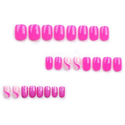 Hot Pink Press on Nails Short Square BAOYAALIN, Glitter Fake Nails with Swirl Design Gel Glue on Nails for Women Girls Full Cover Acrylic Artificial False Stick on Nail for Wedding 24Pcs in 12 Sizes