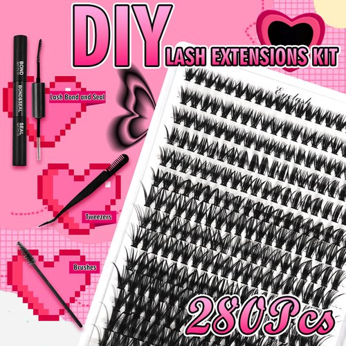SKY MANGO Individual Lashes Kit 280pcs 50D Curl 8-16MM Clusters Eyelash Extension Kit with Lash Bond and Seal and Lash Tweezers and Lash Brush for Self Application(50D-0.07D-8-16MIX KIT)