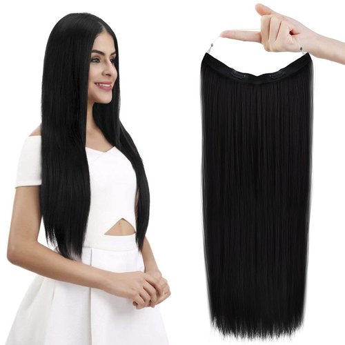 REECHO Invisible Wire Hair Extensions with Transparent Headband Adjustable Size Removable Secure Clips in Straight Secret Hairpiece for Women (24 Inch (Pack of 1), Natural Black)