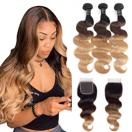 Shining Girl 12A Ombre Body Wave Bundles With Closure Brazilian Virgin Remy 100% Human Hair Ombre 3 Tone T1B/4/27 Color Human Hair Extensions 3 Bundles with 4x4 Lace Closure (22 24 26+20, 1B#/4#/27#)
