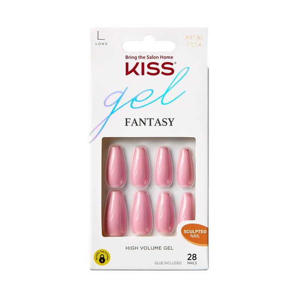 KISS Gel Fantasy Press On Nails, Nail glue included, True Color', White, Long Size, Coffin Shape, Includes 28 Nails, 2g glue, 1 Manicure Stick, 1 Mini File