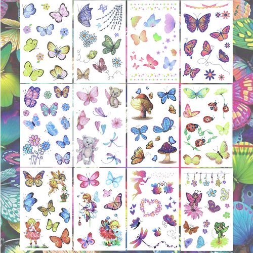 Ooopsiun Glitter Butterfly Temporary Tattoos for Girls -12 Sheets Butterfly Party Favors Decorations for Kids Women