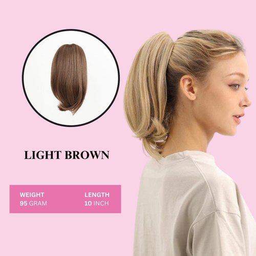 JUVABUN 10" Straight Claw Clip In Ponytail Hair Extensions - Light Brown| Synthetic Ponytail Extension | Hair Extensions for Women & Men | Washable, Realistic And Synthetic |Light Brown
