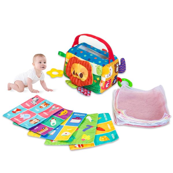 Jbery Baby Tissue Box Toy - Baby Toys 6-12 Months Montessori Toys for 6 Month Old Toys with Textured Tails, Baby Cloth Tissues Toy, Crinkle, Squeaky Sounds, Mirror