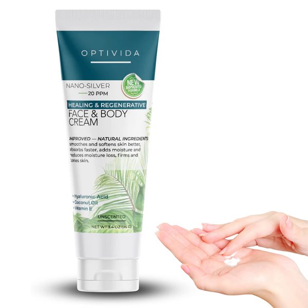 OPTIVIDA Health- Colloidal Silver Cream, Hydrating, Moisturizing, Burn, Wounds, Scars, Rashes, Acne, Soothing Healing & More Nano Silver Topical Cream (Unscented - 3.4 oz.)