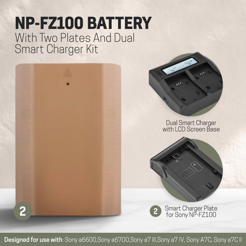 Green Extreme 2 Pack NP-FZ100 Battery 2400mAh and Smart Dual Charger with LCD Display - Compatible with Sony Alpha 9, A9, Alpha 9R, A9R, Alpha 9S, A7RIII, A7R3, a7 III Camera
