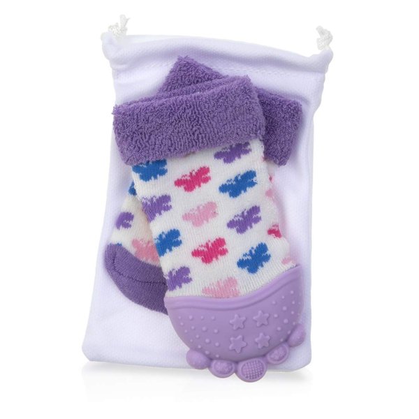 Nuby Soothing Teether Sock, Purple Butterfly, 5"