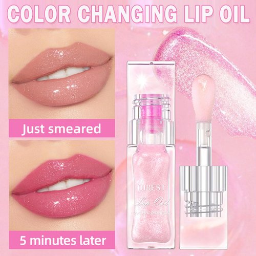 Color Changing Lip Oil,Moisturizing Magic Big Brush Color Changing Lip Gloss,Warm Change Long Lasting Nourishing Lip Glow Oil Non-sticky Primer Lip Tint（Clear to Pink）