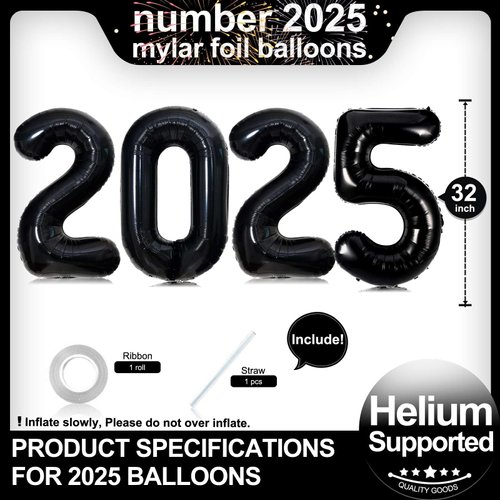 Black 2025 Balloons, Giant 32 Inch Black 2025 Number Balloons,2025 Happy New Year Black Balloons for New Year Eve Party Supplies 2025, New Years Decorations 2025, Christmas, Graduations Decorations