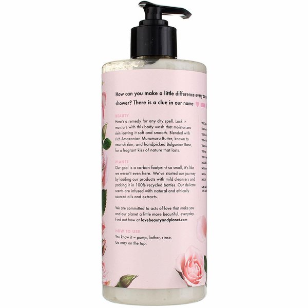 Love Beauty And Planet, Bountiful Moisture Body Wash to Clean Hydrate Skin Murumuru Butter Silicone Free Paraben Free Vegan, rose, 16 Fl Oz