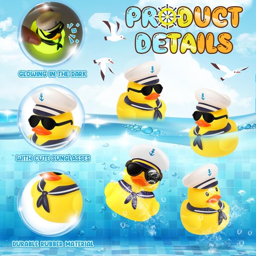 Simgoing 48 Pcs Christmas Cruise Duck Gift Bulk Glow in The Dark Rubber Ducks with Sunglasses Tiny Sailing Ducks Squeaky Nautical Ship Toy for Birthday Party Favors Classroom Carnival