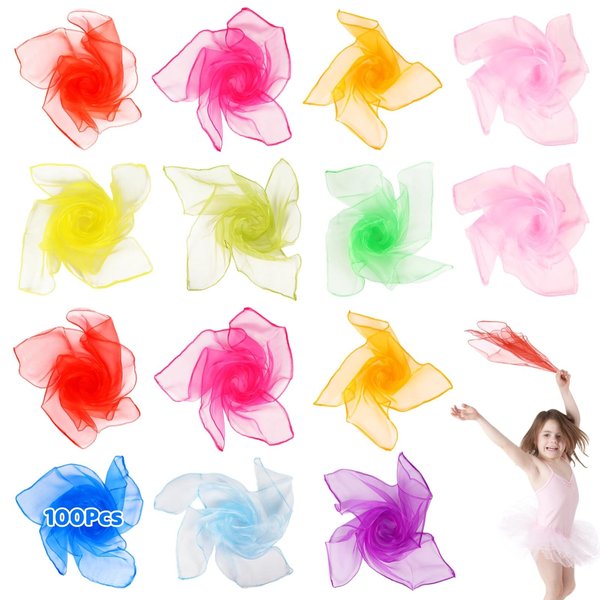 OMISTAR 100 Pcs Square Dance Scarves, 23.6×23.6" Colored Juggling Scarves, Polyester Dancing Scarves, Music Dance Performance Props for Adults & Little Ones, 10 Colors