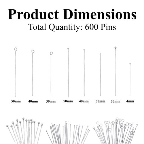 Mandala Crafts 600 PCs Open Eye Pins for Jewelry Making - Stainless Steel Head Pins for Making Jewelry - Bead Eye Pins for Earring Making Necklace Bracelet Clay Charms 30mm 40mm 50mm