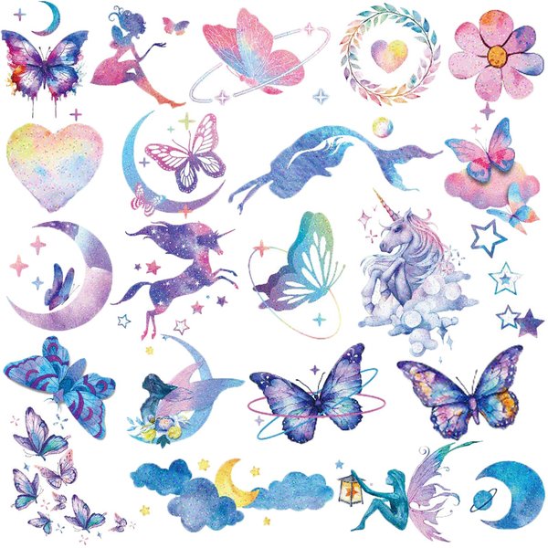 Hohamn Glitter Tattoos for Girls Women, 12 Sheets Glitter Butterfly Moon Flowers Mermaid Temporary Tattoos for Girls Birthday Party Supplies Gifts Decoration