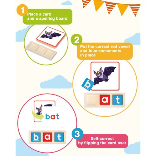 Gojmzo Wooden CVC Word Spelling Games, Preschool Kindergarten Learning Activities, Montessori Educational Toys Gifts for 3 4 5 6 Year Old Kids, Sight Words Flash Cards Reading Letters for Toddlers