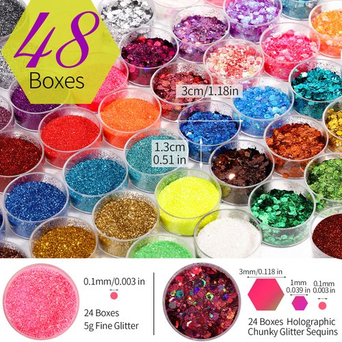 FANDAMEI 48 Color Glitter, 24 Color 5g Fine Glitter&24 Boxes Holographic Chunky Glitter Sequins, Iridescent Glitter Flakes for Nail Art,Cosmetic,Makeup. Body Face Glitter for Festival, Halloween
