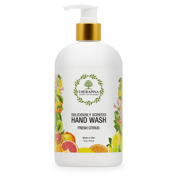 THERAPINA Aromatherapy Luxury Liquid Hand Soap – Vegan, Moisturizing Hand Wash with Aloe Vera, Botanical Oils, Fresh Citrus Scent – Fancy Liquid Hand Soap for Bathrooms, Kitchen, More, 16 Oz.