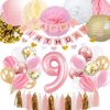 9th Birthday Girl Decoration, Girls 9th Birthday Decoration with Happy Birthday Banner, Number 9 Balloons for Pink and Gold Party Supplies Decoration 9th Birthday