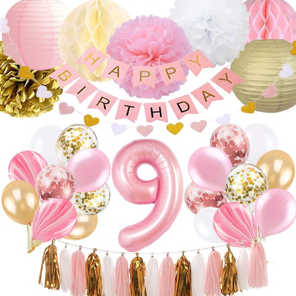 9th Birthday Girl Decoration, Girls 9th Birthday Decoration with Happy Birthday Banner, Number 9 Balloons for Pink and Gold Party Supplies Decoration 9th Birthday
