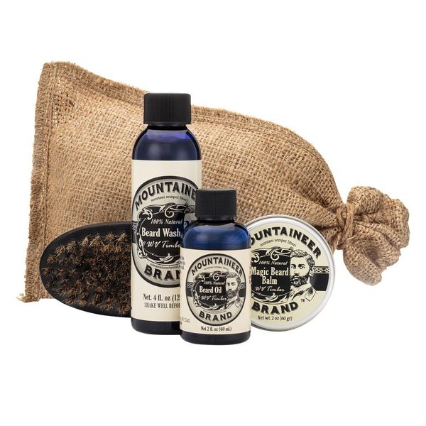 Mountaineer Brand Beard Grooming Care Kit Gifts for Men | Beard Oil (2oz), Conditioning Balm (2oz), Wash (4oz), and Brush | Mens Mustache Growth Kit, Essential Beard Kit for Men | WV Timber Scented