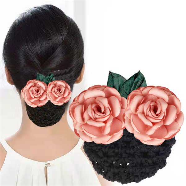 Flower Hair Bun Holder Covers for Women Bowknot Hair Net Pocket Hair Clip with Barrette Ribbon Barrette with Net Barrettes Net Snood Hairnet-066#04
