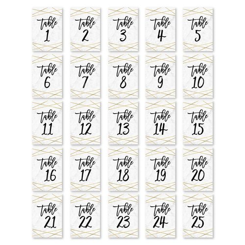 Hadley Designs 1-25 Marble Geometric Table Number Double Sided Signs for Reception, Restaurant, Birthday Party Event, Calligraphy Printed Numbered Card Centerpiece Decor Setting Reusable Stand (4x6)