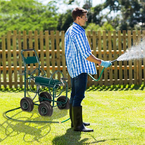 VINGLI 4-Wheel Garden Hose Reel Cart with Storage Basket, Portable Residential Hose Reel Cart, Lawn Watering, for Garden Backyard and Farm (Green)