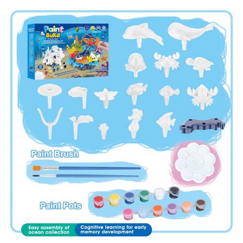 KC Republic Ocean Reef Sea Creatures 37pcs Water Washable Painting & Building Toy Set, Children's Activity Art Kit, Paint Your Own Buildable Ocean Reef Toy with Free Bubbles Wand Gift