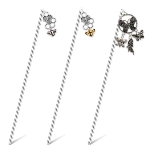 3 Pcs Hair Sticks Bee Butterfly and Honeycomb Pendant Hairpins Hair Accessories MGPFERD